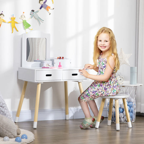 Rootz Children's Hairdresser Dressing Table Set - Vanity Table - Kids Hair Station - Storage Space - 60cm x 40cm x 95cm - White/Brown - Ages 3-6