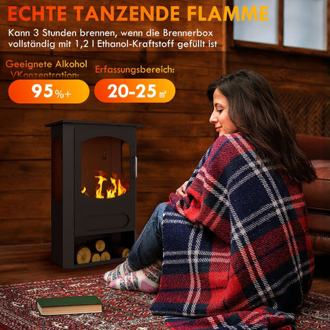 Rootz Ethanol Fireplace - Free-Standing - Bioethanol Heater - 3h Burning Time - Up to 25 m² - Compartment for Firewood - 43cm x 25cm x 68cm - Steel & Stainless Steel
