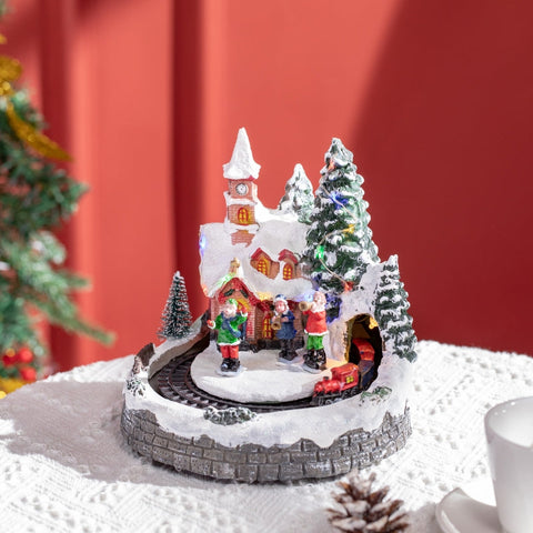 Rootz Christmas Village Decor - LED Illuminated Holiday Scene - Church, Trees, Moving Train - 12 Built-in Lights and 8 Songs - 20cm x 19.5cm x 20cm