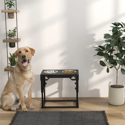 Rootz Feeding Station - Raised Feeding Bowls - Pet Food Stand - Elegant Scarf - Height Adjustable - Black - 44 cm x 27 cm x 51 cm