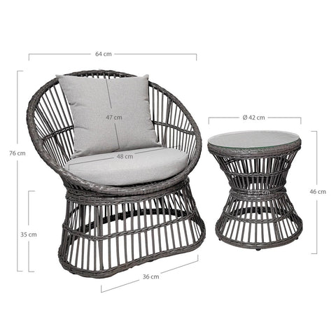 Rootz Natal Lounge Set - Rattan Furniture - Grey Seating - Includes Cushions - Comfortable Relaxation - 48cm x 64cm x 76cm