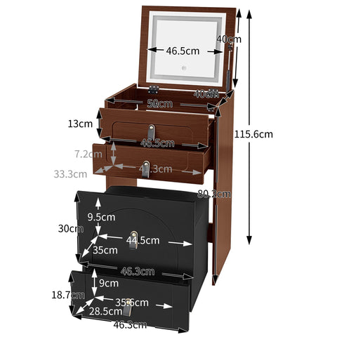 Rootz Dressing Table Set - Vanity Table - Makeup Table - LED Lighting - 50×40×115.6 cm - Elegant Design - Black+Brown