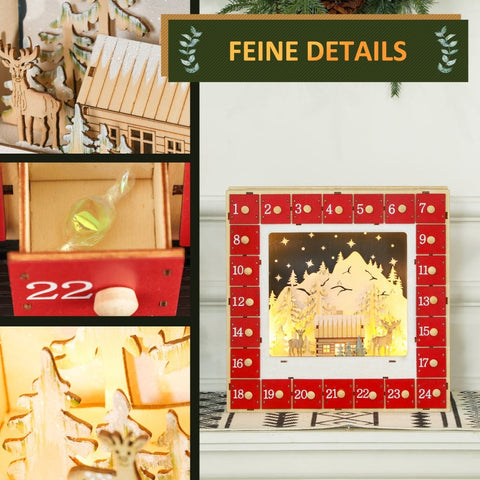 Rootz Christmas Advent Calendar - LED Lit - Large Drawers - Festive Decor - MDF - 34cm x 7cm x 34cm