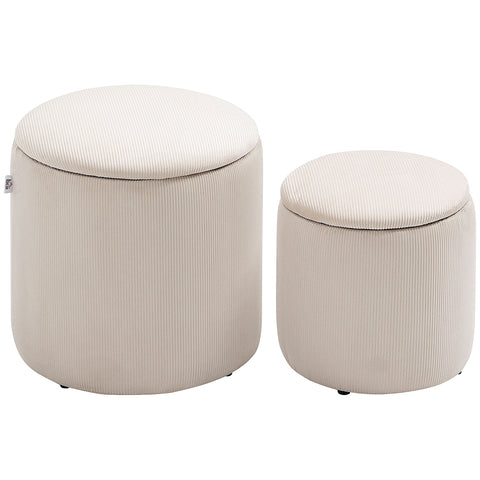 Rootz Set of 2 Stools - Footstools - Storage Boxes - Space-Saving Design - Ø40 x 41H, Ø30 x 32H cm - White Velor Fabric