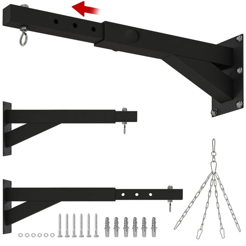 Rootz Punch Bag Holder - Wall Mount - Adjustable Length - Steel Frame - 360° Rotating Hook - Stability - 45-65cm x 12cm x 20cm