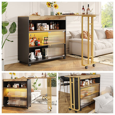 Rootz Extendable Bar Table - Movable Modern Bar Table - Telescopic Bar Table with LED - Storage Space - 138-204×39×105cm