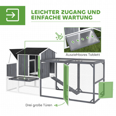 Rootz Chicken Coop with Run - Poultry House - Fir Wood - Secure Nesting Box - 236.5cm x 91cm x 114cm - Ideal for 3-4 Chickens - Grey