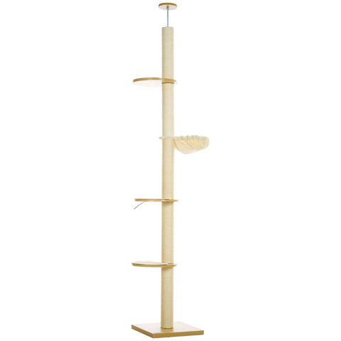 Rootz Floor-to-Ceiling Cat Tree - Cat Tower - Scratching Post - Adjustable Height - Wood Material - 40cm x 40cm x 230-250cm