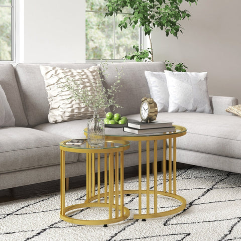Rootz Round Living Room Set - Gold Coffee Tables - Nesting Tables - Carbon Steel Frames - Tempered Glass Tops - Space-Efficient - Ø60cm x 47cm & Ø40cm x 42cm