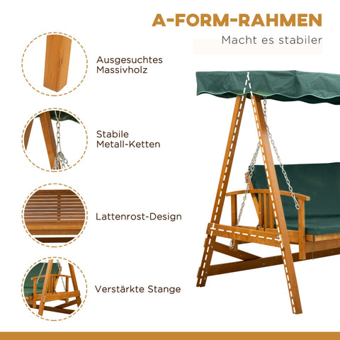 Rootz Hollywood Swing Garden Swing - Outdoor Swing - Patio Swing - Weather Resistant - Comfortable Cushions - Easy Assembly - 235cm x 128cm x 180cm - Green + Natural