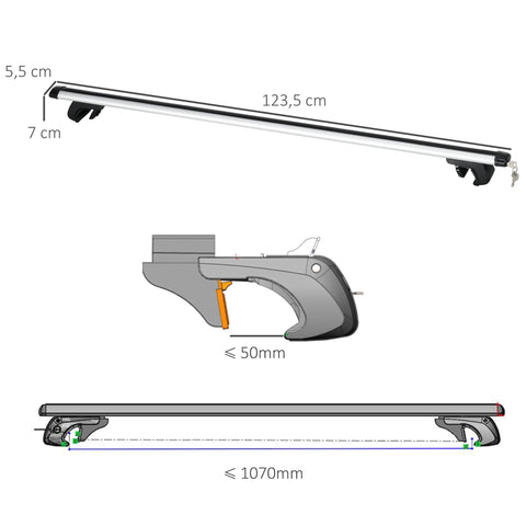 Rootz Lockable Car Carrier Bars - Roof Racks - Cargo Bars - Max 75kg Load - Aluminum - 125cm x 5.5cm x 7cm