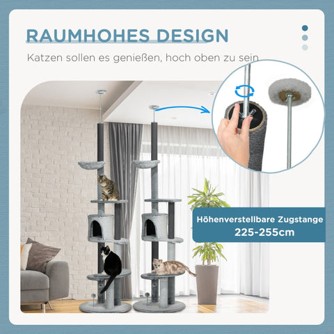 Rootz Cat Tree - Floor to Ceiling Scratching Post - Climbing Tower - Hammock - Cat House - Velvet Cover - Height Adjustable - Gray - Ø60 x 225-255H cm