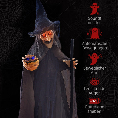 Rootz Animated Halloween Decoration - Witch on Broomstick - Spooky Prop - Glowing Eyes - Pumpkin - 107cm x 65cm x 190cm