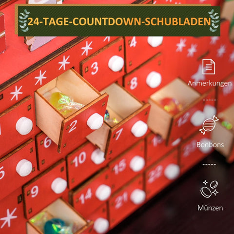 Rootz Santa Sleigh Advent Calendar - Christmas Countdown - Desk or Mantel Decor - 24 Compartments - Reusable - Red - 22.5cm x 8cm x 36cm