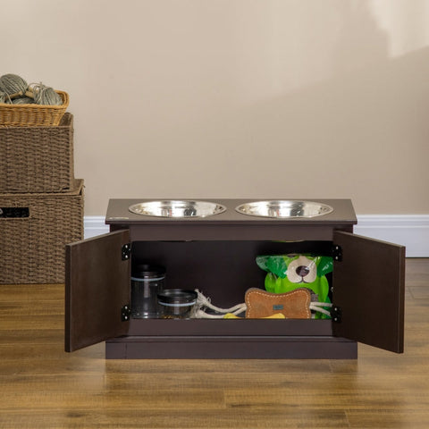Rootz Elevated Dog Feeding Station - Raised Dog Bowls - Pet Feeding Stand - Reduces Strain on Joints - Easy to Clean - Ample Storage Space - 60L x 30W x 34H cm - Stainless Steel & MDF