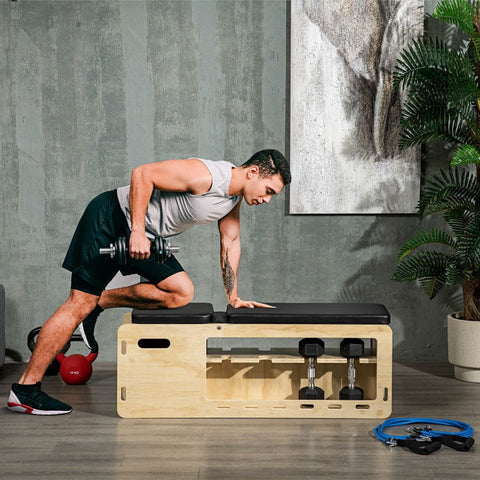 Rootz Weight Bench with Dumbbell Rack - Home Workout Bench - Adjustable Fitness Bench - Solid Wood - Padded Seat - 110cm x 35cm x 43-107cm