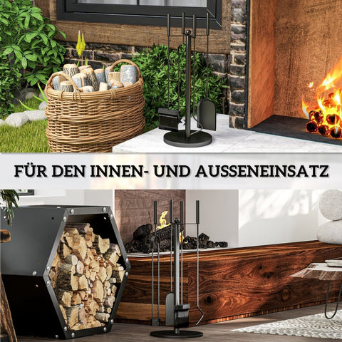 Rootz 5 Piece Fireplace Tool Set - Hearth Set - Cutlery Set - Metal Construction - Elegant Black Finish - Compact Design - Ø25cm x 54cm