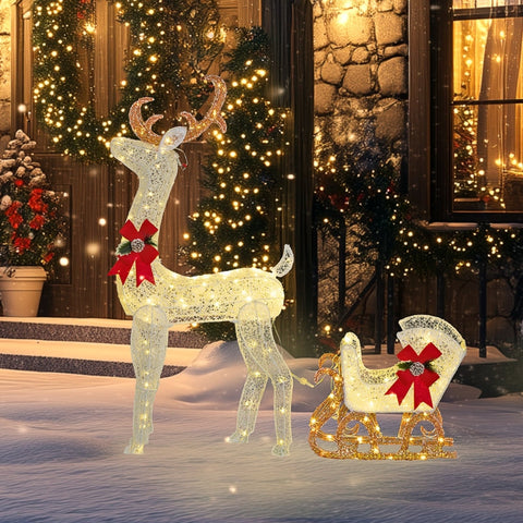 Rootz Reindeer and Sleigh Garden Decor - LED Christmas Lights - Festive Decoration - IP44 Water Resistant - 50cm x 29cm x 42cm