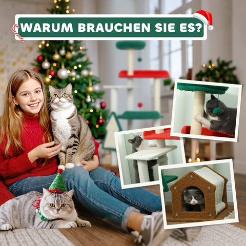 Rootz 135 cm Cat Scratching Post - Christmas Cat Tree - Play Tower - 6 Levels of Fun - 60L x 45W x 135H cm