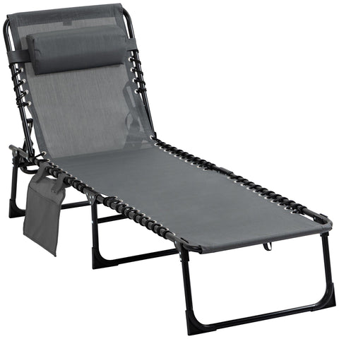 Rootz Deck Chair - Folding Lounger - Outdoor Recliner - With Neck Pillow - 185cm x 58cm x 30cm - Supports 120kg - Steel Frame, Mesh Cover, Grey