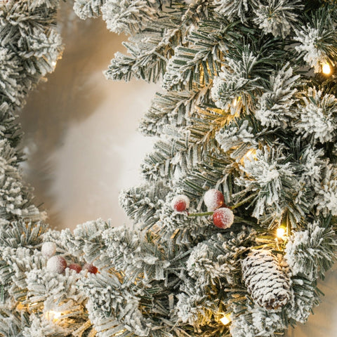 Rootz Christmas Wreath - Artificial Pine Wreath - LED Lights - Snowy Tips - 210 Tips - 50 Warm White Lights - Ø60cm x 10cm