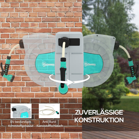 Rootz Garden Hose Holder - Hose Reel - Wall Mount - Comfortable Watering - 50cm x 23cm x 45cm - 30m Hose, 7 Spray Patterns, 180° Rotatable