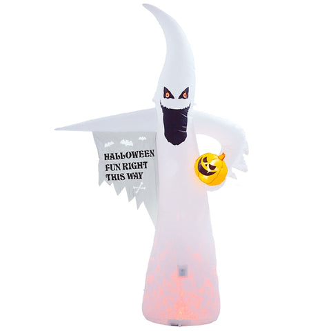 Rootz Halloween Inflatable Pumpkin Ghost - LED Lights - Flame Light - Spooky Atmosphere - Weatherproof - 140cm x 46cm x 240cm