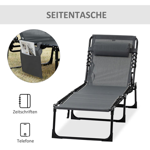 Rootz Deck Chair - Folding Lounger - Outdoor Recliner - With Neck Pillow - 185cm x 58cm x 30cm - Supports 120kg - Steel Frame, Mesh Cover, Grey