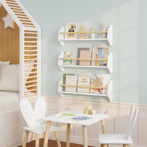 Rootz 3-Piece Children's Bookcase Set - Wall-Mounted Shelves - Cloud-Shaped Side Panels - Stylish, Safe, Space-Saving - E1 Grade MDF & Pine Wood - 45/55/65 x 12.7 x 23 cm