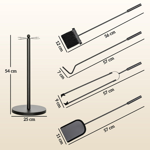 Rootz 5 Piece Fireplace Tool Set - Hearth Set - Cutlery Set - Metal Construction - Elegant Black Finish - Compact Design - Ø25cm x 54cm