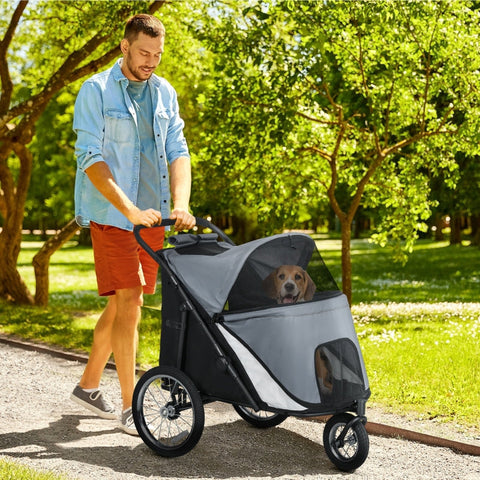 Rootz Folding Pop Up Dog Stroller - Pet Buggy - Dog Cart - Hinged Canopy - Large Rubber Tires - Integrated Dog Leash - 111cm x 70cm x 97.5cm - Oxford Polyester & Steel - Grey/Black