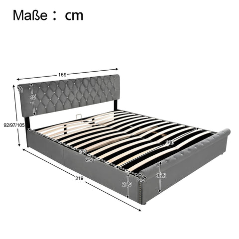 Rootz Upholstered Bed - Height-Adjustable Headboard - Slatted Frame - Comfort Back Support - 219cm x 169cm x 92/97/105cm - Grey Velvet