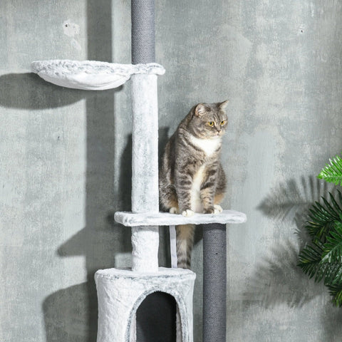 Rootz Cat Tree - Floor to Ceiling Scratching Post - Climbing Tower - Hammock - Cat House - Velvet Cover - Height Adjustable - Gray - Ø60 x 225-255H cm