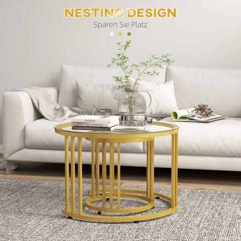 Rootz Round Living Room Set - Gold Coffee Tables - Nesting Tables - Carbon Steel Frames - Tempered Glass Tops - Space-Efficient - Ø60cm x 47cm & Ø40cm x 42cm