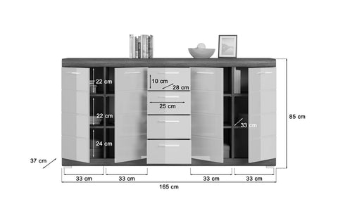 Rootz Sideboard Scout - Wood Material - White High-Gloss Deep-Drawn Front - Smoke Silver Imitation - 165cm x 85cm x 37cm - FSC Certified