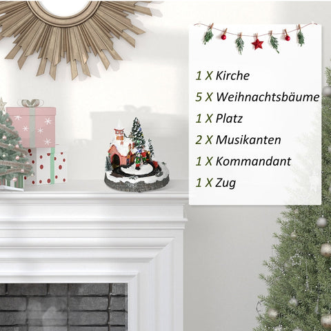 Rootz Christmas Village Decor - LED Illuminated Holiday Scene - Church, Trees, Moving Train - 12 Built-in Lights and 8 Songs - 20cm x 19.5cm x 20cm