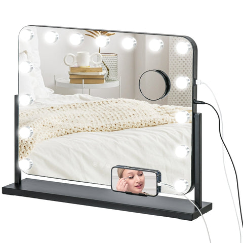 Rootz LED Hollywood Makeup Mirror - Cosmetic Vanity Mirror - Table Mirror - 14 LED Lights - Adjustable Brightness - Cell Phone Holder - USB Port - 62.5cm x 49.5cm x 14cm
