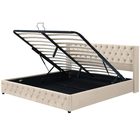 Rootz Upholstered Bed - Hydraulic Storage Bed - Chesterfield Bed - Luxurious Velvet Fabric - 209cm x 170cm x 94.5cm