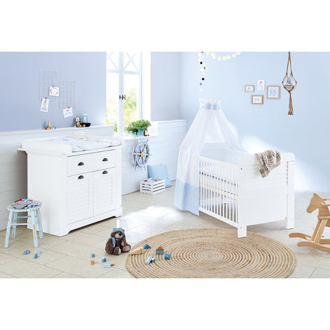 Rootz 2 Piece Set 'Siena' Cot Bed - Convertible Crib - Nursery Bed - Converts to Junior Bed/Sofa 146cm x 79cm x 91cm & Changing Unit - White Furniture 106cm x 79cm x 98cm