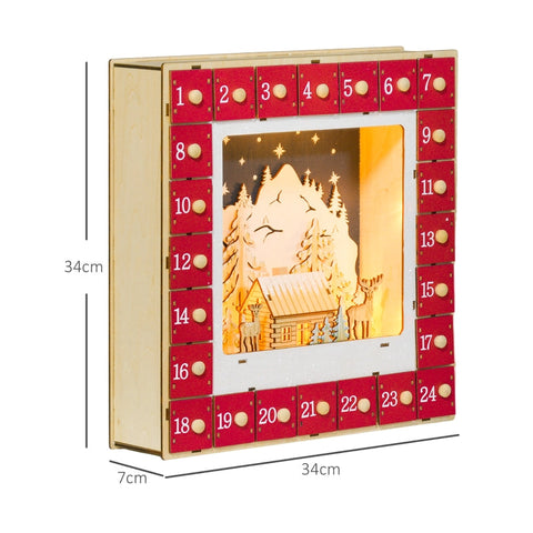 Rootz Christmas Advent Calendar - LED Lit - Large Drawers - Festive Decor - MDF - 34cm x 7cm x 34cm