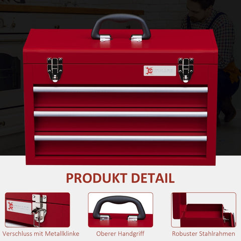 Rootz Tool Box - Steel Tool Case - Portable Tool Organizer - 3 Drawers - Top Storage Compartment - Secure Lock - 51cm x 22cm x 32cm