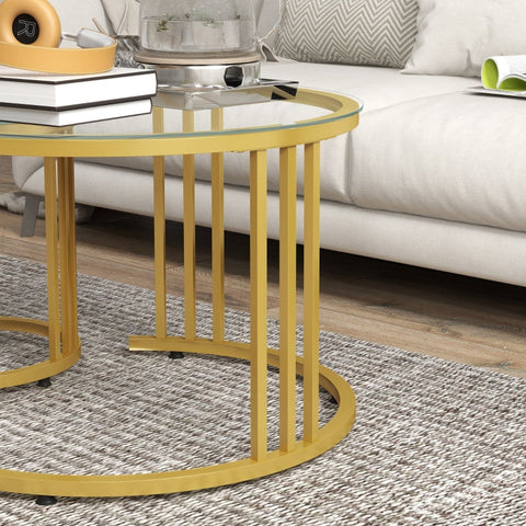 Rootz Round Living Room Set - Gold Coffee Tables - Nesting Tables - Carbon Steel Frames - Tempered Glass Tops - Space-Efficient - Ø60cm x 47cm & Ø40cm x 42cm