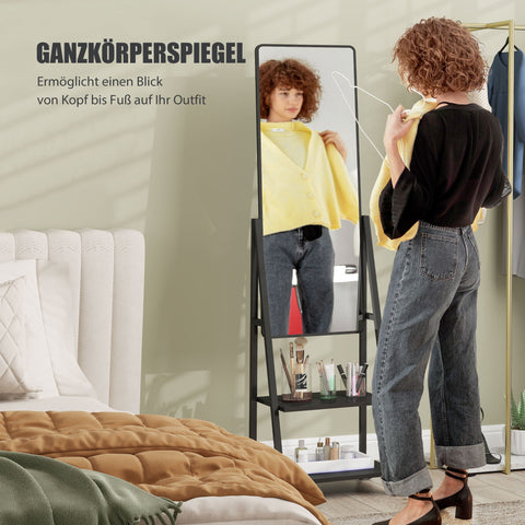 Rootz Rolling Full Length Mirror - Standing Mirror - Mobile Mirror - Two Shelves & Wheels - 42L x 37W x 155H cm - Black
