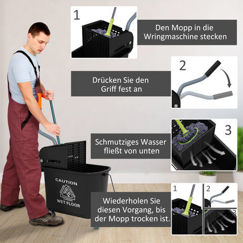 Rootz 20L Mop Bucket with Wringer - Cleaning Pail - Rolling Bucket - Effortless Mobility - 60cm x 27cm x 70.5cm