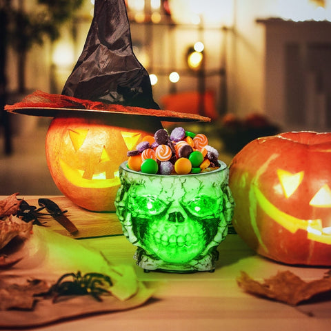 Rootz Halloween Skeleton Candy Bowl - Spooky Decoration - Glowing Green Eyes - Ghostly Howls - Battery Operated - Gray - Plastic - 16cm x 16cm x 14cm