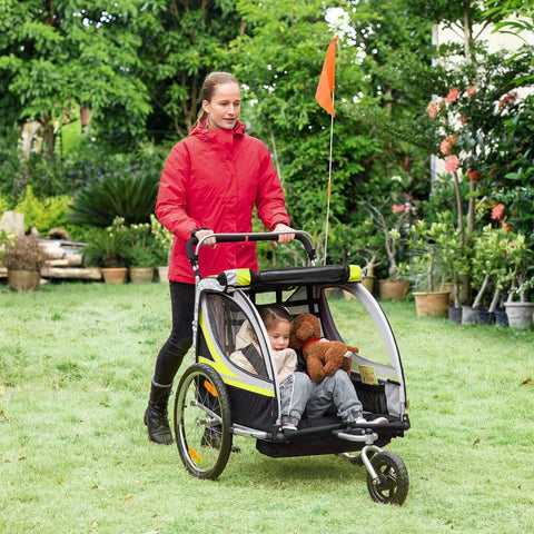 Rootz 2-in-1 Bicycle Trailer - For 2 Children - Sliding Function - Rain Cover - Brake - Oxford Fabric - Yellow + Black - 142cm x 75cm x 101cm