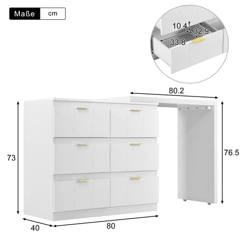 Rootz Dressing Table with Side Table - Vanity Desk - Bedroom Storage - Rotating Top, 6 Drawers, Gold-Plated Handles - 160.2L×40W×76.5Hcm