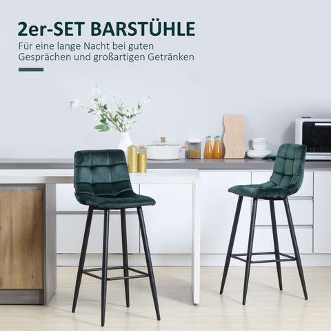 Rootz Bar Stools Set of 2 - Kitchen Stools - Velvet Fabric - Ergonomic Design - Robust Steel Frame - Green - 42cm x 47cm x 105cm