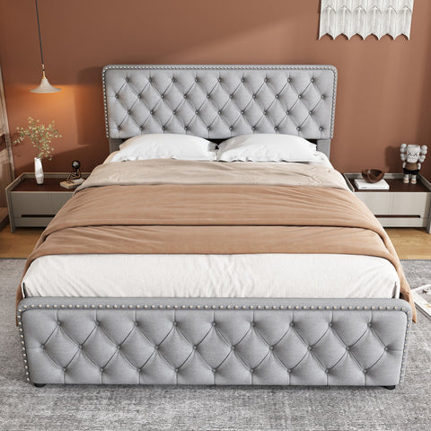 Rootz Upholstered Bed - Hydraulic Bed Box - Storage Bed - Breathable Linen - 211.5L x 180W x 96.5-108.5H cm Light Gray