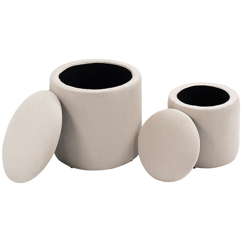 Rootz Set of 2 Stools - Footstools - Storage Boxes - Space-Saving Design - Ø40 x 41H, Ø30 x 32H cm - White Velor Fabric